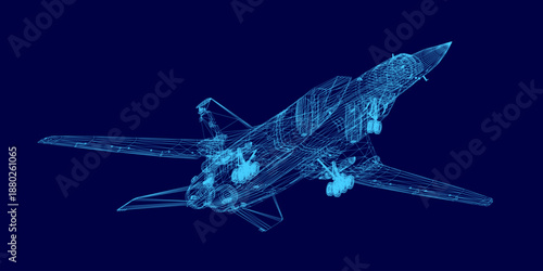 A 3D wireframe model of a military fighter jet is rendered with realistic detail against a solid blue background.
