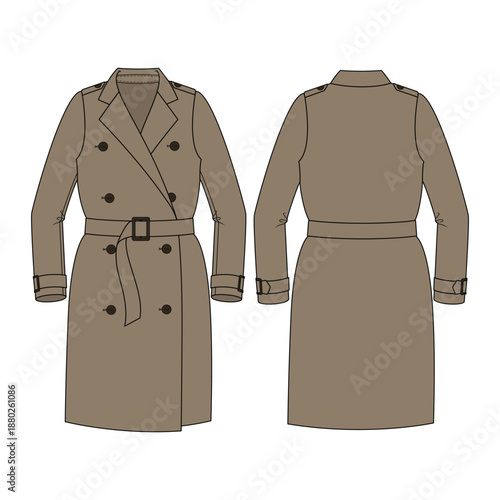 Vector technical flat sketch of women's classic trench coat. Double-breasted with belted waist, epaulets, and storm flaps. Front and back views. Easy to recolor template.