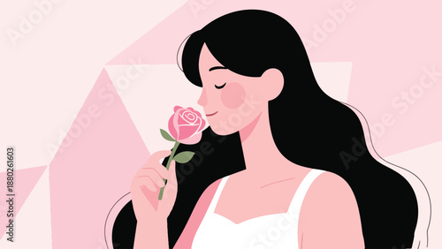 Illustration Of Woman Smelling Rose Flower, Romantic Portrait, Soft Background Vector Design Template
