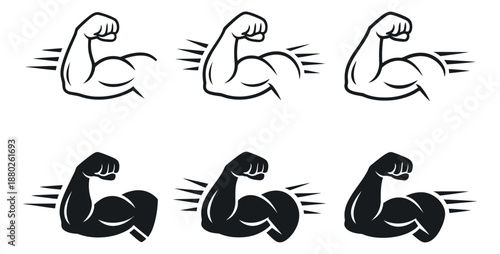 Graphic line art and solid bicep icons set featuring various designs depicting strength and power for sports and fitness branding