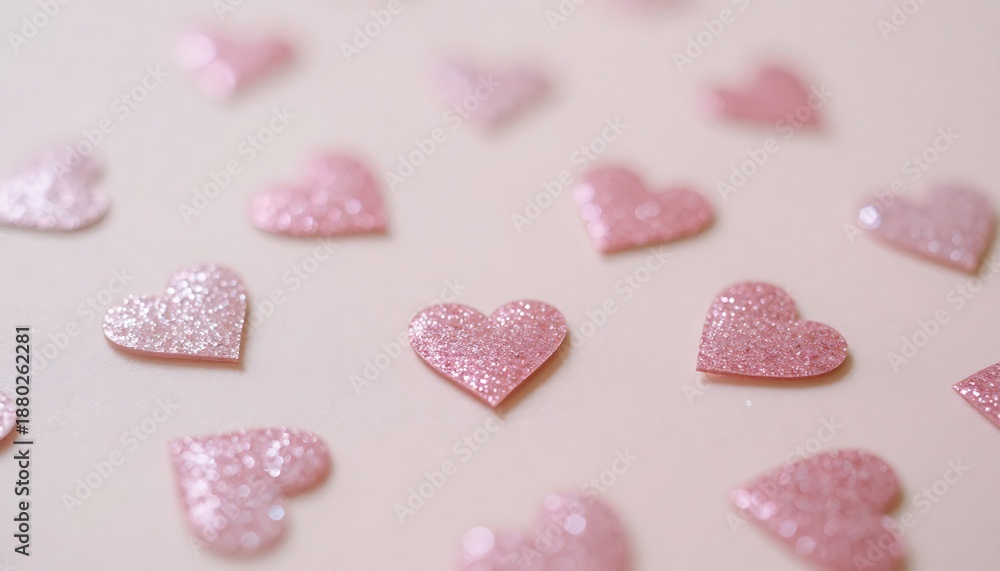 Fototapeta premium Sparkling pink heart confetti scattered on a soft background, symbolizing love and celebration