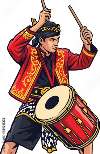 Man in traditional costume playing drum.