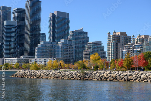 Etobicoke waterfront skyline featuring modern high-rise apartments during autumn