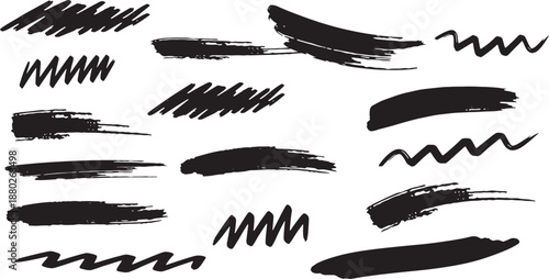 Collection of black brush strokes and textures isolated on a white background