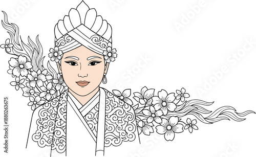 Woman in traditional Japanese kimono with floral headdress.