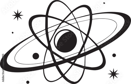 Atom Illustration in Simple Line Art Style with Black and White Color Scheme on Isolated White Background for Science Education