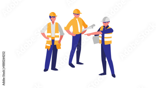 Three construction workers in high-visibility vests and hard hats discussing a project, with one pointing towards a direction.