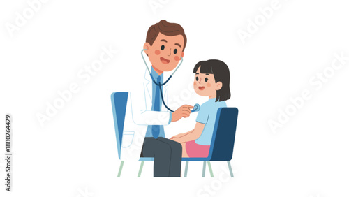 A friendly male pediatrician using a stethoscope to check the heartbeat of a young girl sitting on an examination table.