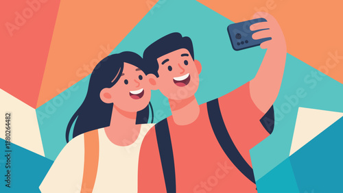Illustration Of Young Couple Selfie Together, Casual Clothing, Happy Relationship Theme Vector Design Template