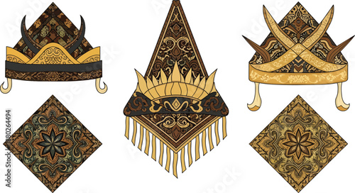 Traditional Asian Headpieces with Ornate Designs.