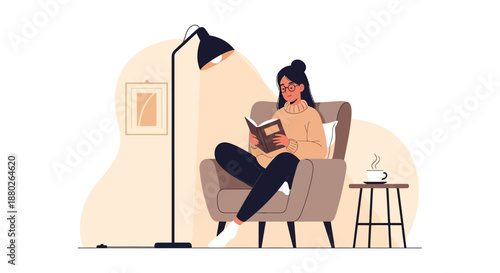 Modern flat illustration of a girl enjoying a quiet reading time