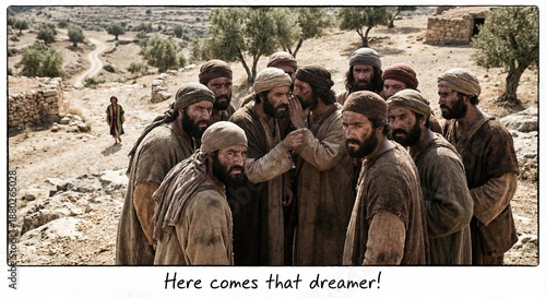 Joseph and his brothers gather in the field while discussing their plans in the Old Testament setting with their father Jacob