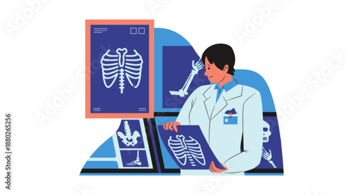 A male radiologist in a white lab coat examining various X-ray films of chest, spine, and limbs in a medical office.