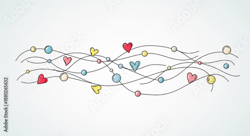 Colorful heart shaped string lights on white background festive decoration