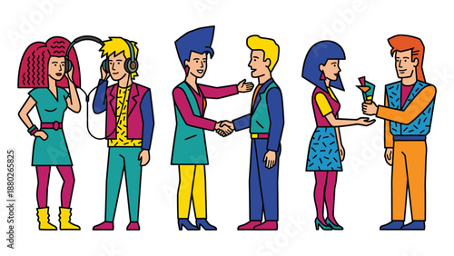 Retro 80s Style Illustration of People in Vintage Fashion