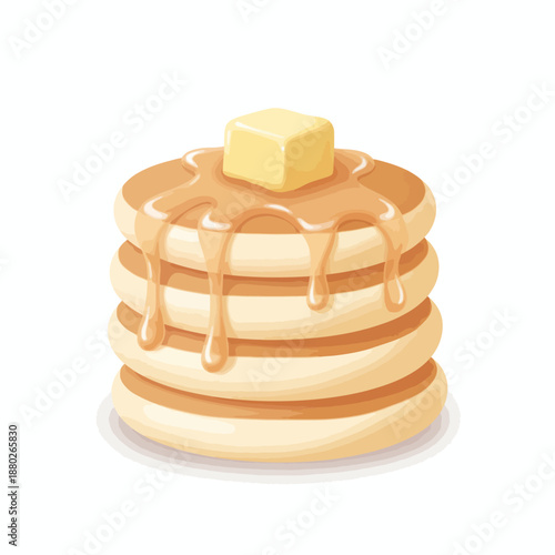 Stack of four pancakes topped with butter and dripping maple syrup