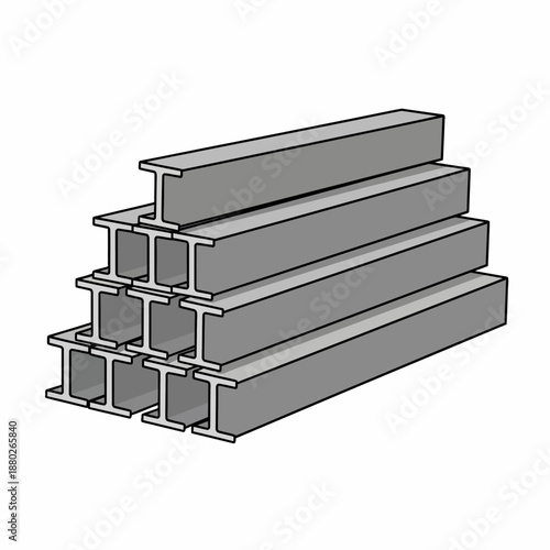 Stack of gray Ibeams or Hbeams arranged in a pyramid shape
