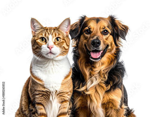 Happy Dog and Cat Sitting Side by Side, Front View, Isolated on Transparent Background