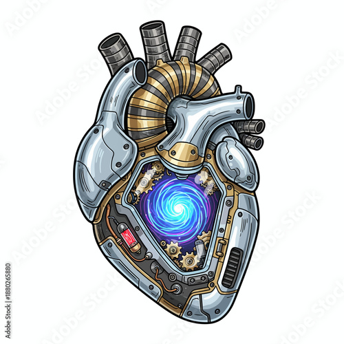 Steampunk mechanical heart illustration with glowing blue vortex core