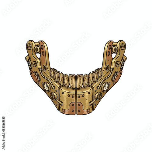 Steampunk mechanical lower jaw with brass plating and visible gears