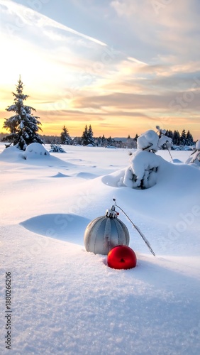 Snowy landscape with ornaments foreground; warm sunset casts orange glow behind snow-covered pines in the distance