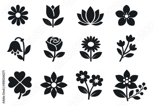 Minimalist silhouette flower icon set featuring various blooms and a four leaf clover for nature inspired designs