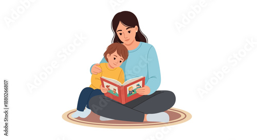 Young mother reading a storybook to her son sitting on the floor