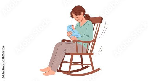 Caring mother embracing her sleeping baby in rocking chair