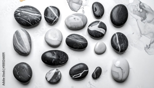 Assortment of smooth, rounded stones with marbled patterns scattered on a mottled, white background