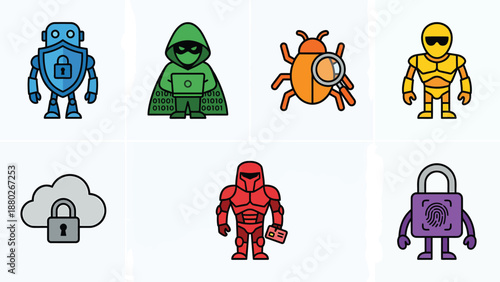 Cybersecurity Cartoon Icons: Robot, Hacker, Bug, Cloud, and Lock