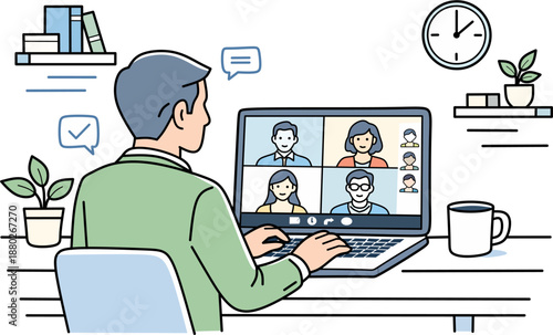 Employee attending a remote video conference meeting on a laptop from a comfortable home office, showcasing virtual team collaboration and digital communication strategies for modern work