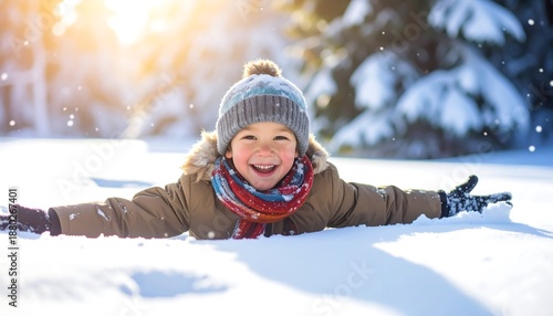 Smiling child in winter coat and hat makes snow angel outdoors on bright, sunny day in snow-covered trees
