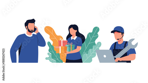 A set of three customer service professionals, including a call center agent, a gift wrapper, and a technical support mechanic.