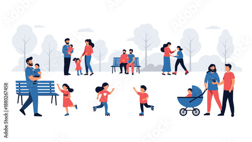 A collection of diverse families and couples enjoying their leisure time in a city park, walking, playing, and relaxing together outdoors.