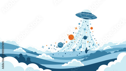 A UFO in the sky above clouds is beaming up a trail of planets and stars, creating a whimsical and imaginative space illustration.