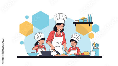 A mother wearing a chef's hat is teaching her two happy children, a boy and a girl, how to cook in the kitchen.