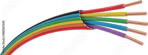 Multicolored electrical wires in rainbow colors with exposed copper ends in close-up shot for industrial or technical use