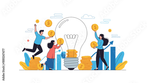 A team of happy people investing in a creative idea, putting gold coins into a large lightbulb to symbolize funding and innovation.