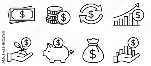 Line art financial icons set featuring money bills, coins, growth charts, and a piggy bank for business, investment, and economy concepts