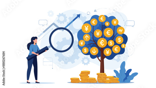 A businesswoman uses a magnifying glass to analyze a money tree with various currency symbols, representing financial analysis and investment strategy.