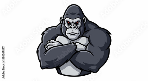 Powerful gorilla mascot with crossed arms and serious expression.