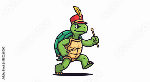 Cartoon turtle marching band drummer with drumsticks and hat.