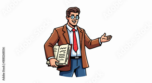 Friendly male teacher or professor presenting information with a book.