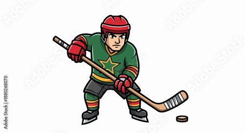Cartoon ice hockey player in green uniform ready to play.