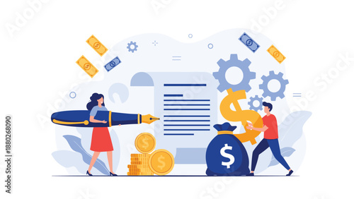 Business people making a financial agreement, with a woman holding a large fountain pen over a contract and a man holding a dollar sign.