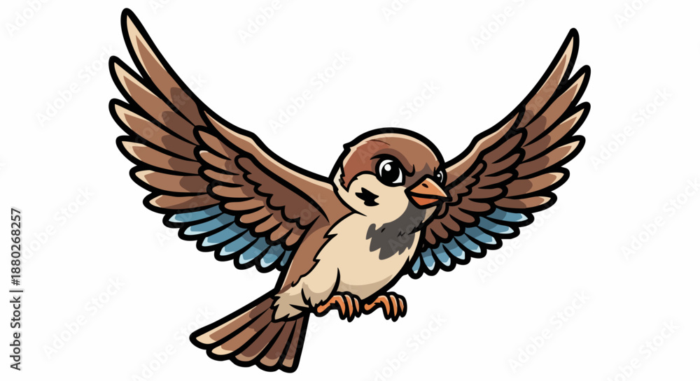 Fototapeta premium Cartoon Sparrow with Wings Spread, Ready to Fly.