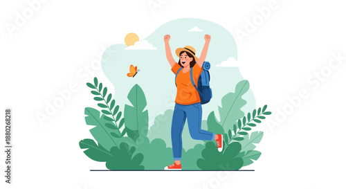 Female traveler with backpack enjoying nature trekking and fresh air