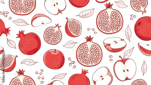 Seamless pattern background with hand-drawn red pomegranates and apples, including whole fruits, slices, seeds, and leaves.