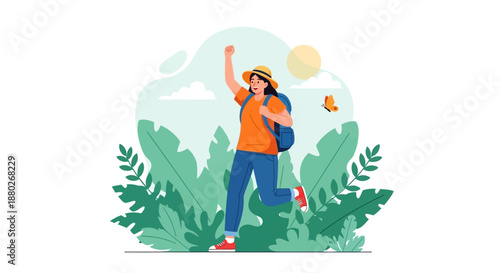 Happy woman hiking in green forest for outdoor adventure
