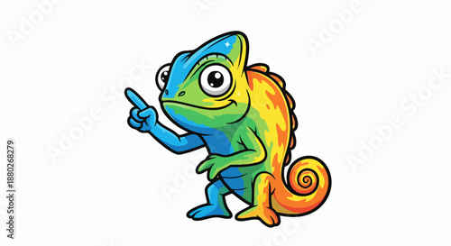 Cute cartoon chameleon pointing with a colorful body.